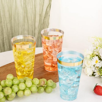 I00000 16 oz Gold Plastic Cups, 100 Pack Clear Plastic Cups with Gold Trim | Tumblers Gold Rimmed Disposable Cup, Heavy-duty, BPA-Free, Everyday Use, Disposable Cup Perfect for Birthday, Wedding & Party - color: 16-Gold-100