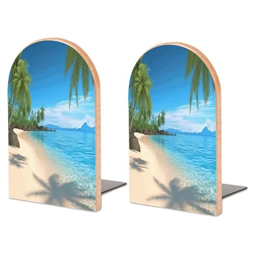 Personalized Hawaiian Beach with Palm Trees Book Ends for Shelves, Large Heavy Duty Wooden Bookends with Non-Skid Metal Base Book Holder Decorative Book Stopper for Home Office Supplies 1 Pair