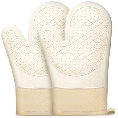 Silicone Oven Mitts 2 PCS, Heat Resistant Non-Slip Cotton Lining for Baking | 11.3 "x 7" 500 ° F White