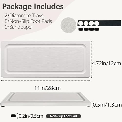 2 PCS Water Absorbing Stone Trays for Bathroom Sink Fast Drying Coasters | 11" X 4.7", Vanity Tray, Diatomaceous Earth Mat, Hand Soap Holder with Anti-Skid Feet, Kitchen Counter, Sink Caddy Organizer - color: 11" X 4.7" White