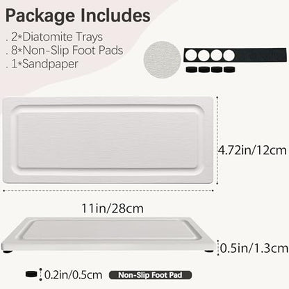 2 PCS Water Absorbing Stone Trays for Bathroom Sink Fast Drying Coasters | 11" X 4.7", Vanity Tray, Diatomaceous Earth Mat, Hand Soap Holder with Anti-Skid Feet, Kitchen Counter, Sink Caddy Organizer - color: 11" X 4.7" White