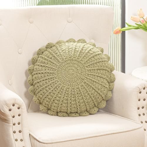 Knitted Throw Pillow Round Couch Pillow (Olive Green, 18inch) | Include Insert Handmade Decorative Plush Pillow Cute Cushion - color: Olive Green