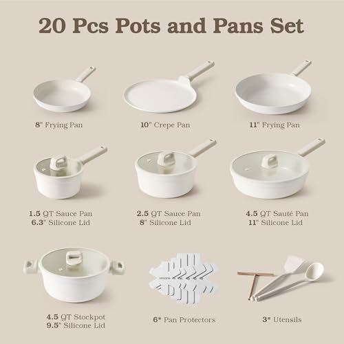 SENSARTE Ceramic Pots and Pans Set Nonstick, 20Pcs Cookware Set, White | Non Stick Ceramic Coating, Non-toxic Healthy Kitchen Cooking Set, Induction Compatible, Dishwasher Safe, PFAS/PTFE/PFOA Free - color: Cream White