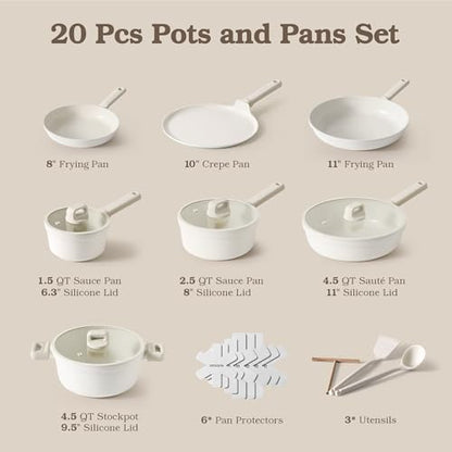SENSARTE Ceramic Pots and Pans Set Nonstick, 20Pcs Cookware Set, White | Non Stick Ceramic Coating, Non-toxic Healthy Kitchen Cooking Set, Induction Compatible, Dishwasher Safe, PFAS/PTFE/PFOA Free - color: Cream White