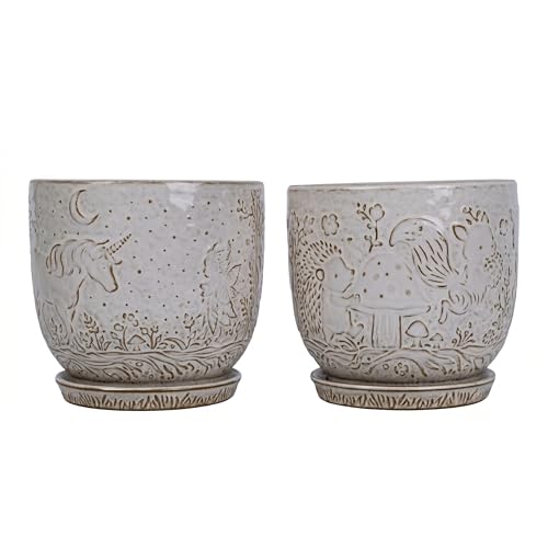 Claybourne Embossed Terracotta Plant Pots with Drainage Hole & Saucer, 4/6/8 Inch, Indoor/Outdoor Planter with Pebbles (White（Forest Elf）, 6 inch) - color: White（forest Elf）, size: 6 inch