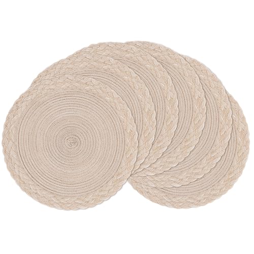 SHACOS 15 inch Round Placemats Set of 6 Boho Woven Braided Border Table Mats Washable Heat Resistant Circle Place Mats for Dining Table, Beige - color: Beige, size: 6 pieces