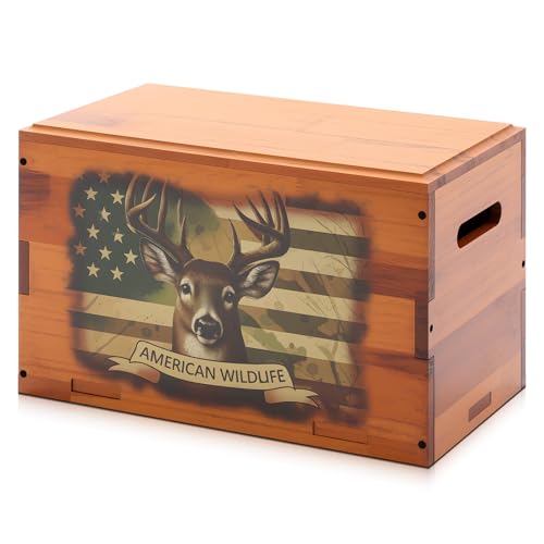 Novabright Solid Pine Wooden Storage Box with Lid, Rustic Elk Decorative Crate for Men’s Desk, Man Cave, Dad, Father's Day, Remote Controls, Books, Keepsakes and Cabin Decor Gift