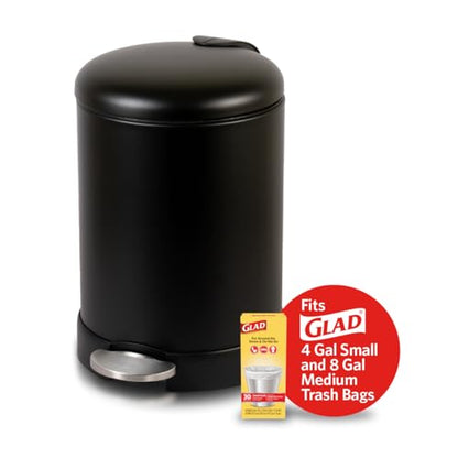 Glad Small Trash Can, 1.2 Gallon | Round Stainless Steel Garbage Bin with Soft Close Lid & Step Foot Pedal | Black Metal Waste Basket with Removable Inner Bucket, Matte Black - color: Black
