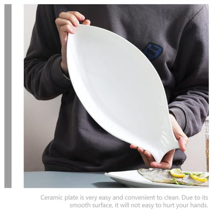 Hemoton Ceramic Fish Platter Oval Fish Plate White Oval Steamed Plate Food Serving Tray for Home Hotel Restaurant Shaped 18inch - size: 45.50X22.00X3.00CM