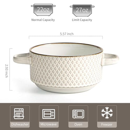 Ceramic Soup Bowls Set - 27 Oz French Onion Soup Crocks with Handles | Embossed Stoneware Bowls for Soup Cereal Beef Stew Chili-Microwave Dishwasher Oven Safe-Set of 4 Square Pattern - color: white-diam