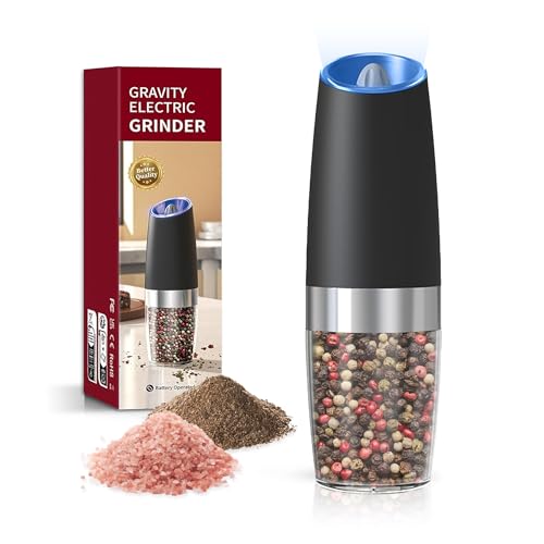 Battery Operated Salt And Pepper Grinder Set 1 Pack (Black) | Gravity-Activated Automatic Grinder With Led Light & Adjustable Coarseness, Each Uses 6 Aaa Batteries,Kitchen Daily Seasoning - color: Battery/1pc/Black