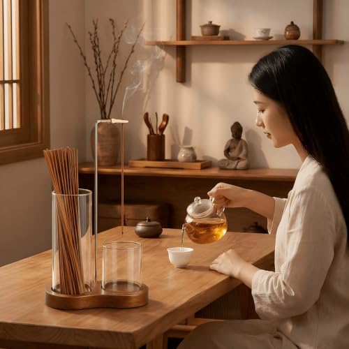 Incense Holder for Sticks with Glass Ash Catcher, 2 in 1 Upside Down Incense Burner with Wooden Base, Minimalist Zen Home Decor