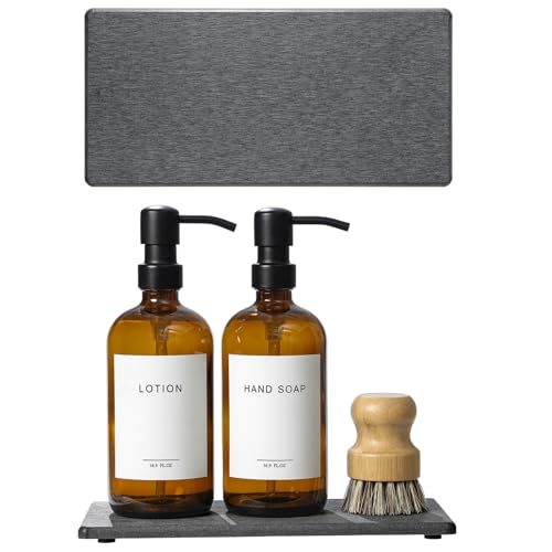 2PCS 10"x 5" Large Bathroom Sink Vanity Trays, Water Absorbing Diatomite Stone Quick Drying Mat for Kitchen Counter, Dish Rack Dispensers Sponge Holder Caddy Organizer, Dark Gray, - color: 2 Pack - Charcoal Gray, size: 10" x 5"
