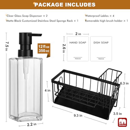GMISUN Kitchen Soap Dispenser Set, 12 fl oz / 350 ml Dish Soap Dispensers with Sponge Holder, Customized Clear Glass Dish soap Dispenser for Kitchen, Modern Soap Dispensers Set Removable - color: Clear Bottle + Black Rack