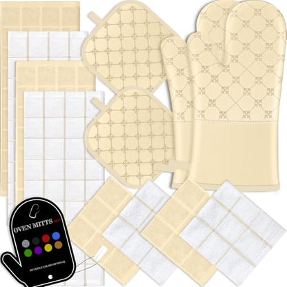 Oven Mitts Kitchen Towels Dishcloths with Pot Holders Sets 12PCS, Dish Towels Sets, Oven Gloves Pot Pads Heat Resistant 500 Degrees with Non-Slip Silicone Surface for Cooking Baking Grilling-Beige - color: Beige
