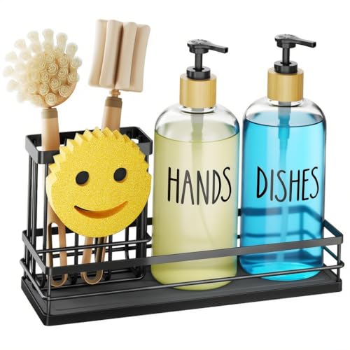 Moforoco Kitchen Dish Soap Dispenser Set, 16OZ Glass Bottle, Hand and Dish Soap Dispenser Set, Instant Dry Tray, Brush Holder with Smiley Face Sponge Holder (Black Tray+Clear Bottle) - color: Black Tray+clear Bottle