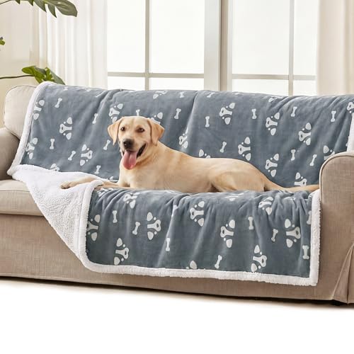 Luciphia Waterproof Dog Blanket Reversible Sherpa Fleece for Small Dogs Cat | Soft Print Pet Blanket Washable Pee Proof, Furniture Protector for Couch Sofa Bed Car, Cozy Throw(65" x 57", Grey) - color: Cute Dog, size: L (65" x57")