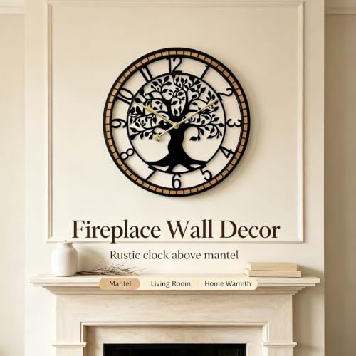 Large Wall Clock for Living Room Decor 24 Inch Tree of Life Metal Wall Art, Non-Ticking Battery Operated Metal Black with Solid Wood Frame for Office/Bedroom/Kitchen/Dining Room Decoration - size: B 24 Inch