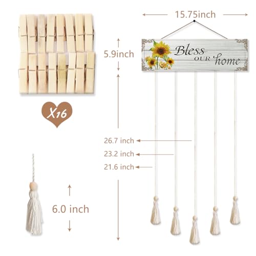 Bless Our Home Family Photo Hanging Display Board with 16 Clips, Rustic Wood Picture Collage Frame with Tassels Farmhouse Wall Decor - color: Bless Our Home