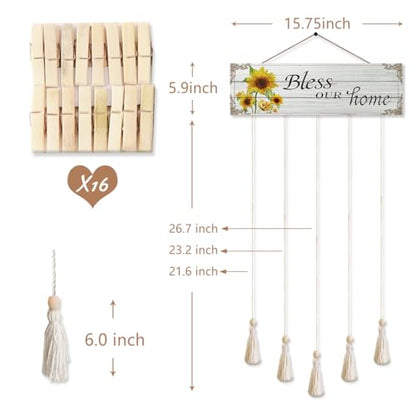 Bless Our Home Family Photo Hanging Display Board with 16 Clips, Rustic Wood Picture Collage Frame with Tassels Farmhouse Wall Decor - color: Bless Our Home