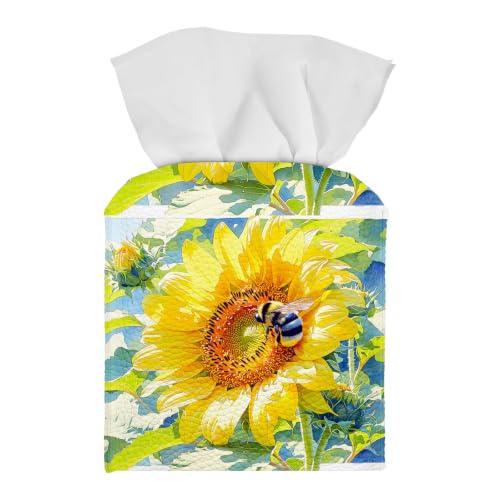Tissue Box Cover Square, PU Leather Tissue Box Holder for Bathroom, Living Room & Office Desk, Bumblebee on Sunflower Watercolor Art, Decorative Modern Tissue Box Cover - color: Bumblebee on Sunflower Watercolor Art
