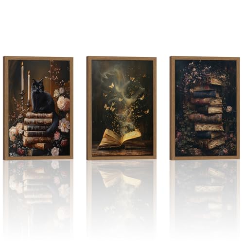 3pcs Framed Vintage Book & Cat Canvas Wall Art Set - Magical Books with Butterflies, Floral & Candle DecorCanvas painting - Décor for Living Room, Bedroom, or Office16x24in - color: Retro Flower Book Cat, size: 16x24in