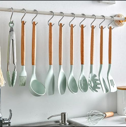 11 Piece Silicone Kitchen Utensil Set with Holder Heat Resistant Non Stick Cooking Tools with Wooden Handles Spatula Spoon Pasta Server Tongs Whisk Brush Black (Mint Green) - color: Mint Green