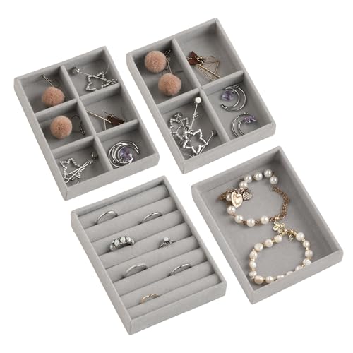 Small Jewelry Organizer for Drawer,Set of 4 Velvet Jewelry Trays | Jewelry Box Inserts,Drawer Inserts,Vanity Drawer Organizer,Mini Size,Stackable Earring Organizer,Adjustable Dividers - color: Grey, size: Set 4