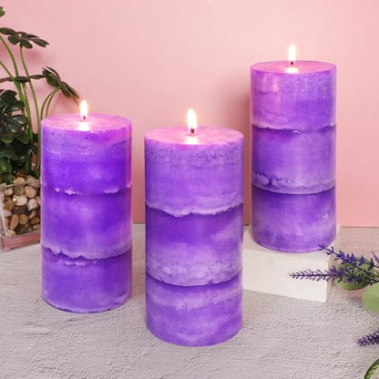 CRYSTAL CLUB Lavender Scented Pillar Candles, Set of 3 Tall 3x6 Inch Candles Rustic Purple, Clean Burning and Dripless Candle Lights, for Home Decor, Wedding, Party Decorations Lilac Candle | Clean Burning and Dripless Candle Lights, for Home Decor, Weddi