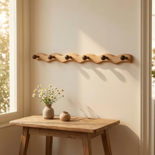 Hook Wooden Coat Rack with 6 Pegs Solid Wood Wall Hanger Rail Peg Rack Organizer Entryway Hanging Bar Carved Finish, 6 Hooks - Auspicious Cloud Beech Wood + Black Walnut Wood - style: 6 Hooks - Auspicious Cloud Beech Wood + Black Walnut Wood