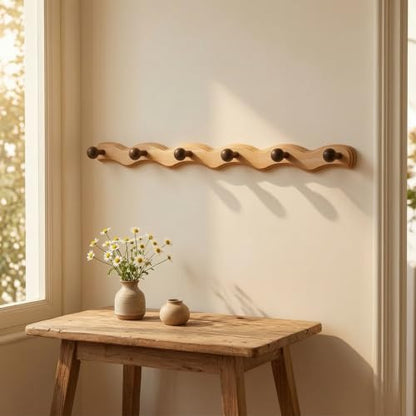 Hook Wooden Coat Rack with 6 Pegs Solid Wood Wall Hanger Rail Peg Rack Organizer Entryway Hanging Bar Carved Finish, 6 Hooks - Auspicious Cloud Beech Wood + Black Walnut Wood - style: 6 Hooks - Auspicious Cloud Beech Wood + Black Walnut Wood