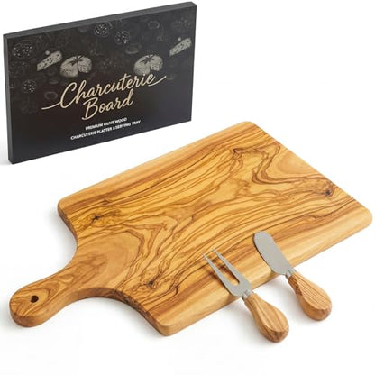 Olive Wood Charcuterie Board Knife Fork Set Rectangle Long Handle | 15x10 Handcrafted Cheese Serving Platter, Wedding Housewarming Gifts Couples, Natural Wood Grain Kitchen Board - color: Olive Wood, style: Rectangle with Long Handle