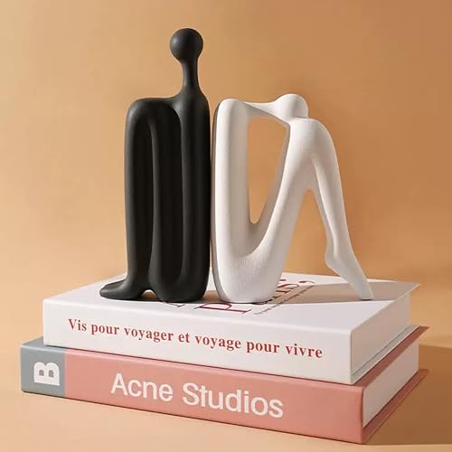 Linxia Abstract Ceramic Figurine Bookends | Matte Black & White Pair | Back-to-Back Design | Decorative Desk, Office & Window Display Accents - color: Matte Black & White