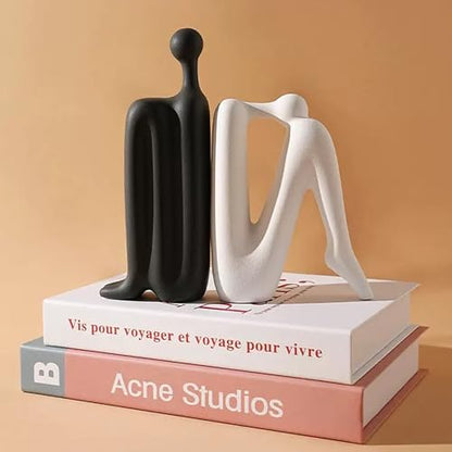 Linxia Abstract Ceramic Figurine Bookends | Matte Black & White Pair | Back-to-Back Design | Decorative Desk, Office & Window Display Accents - color: Matte Black & White