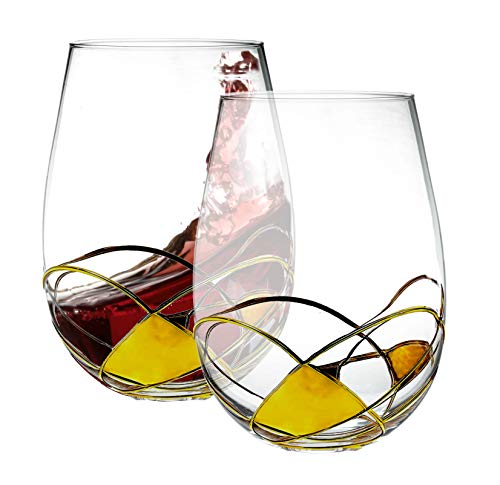 Bezrat Stemless Wine Glasses Set of Two | Hand Painted Large Premium Red and White Wine glasses | Lead-Free Crystal | Essential Wine Gift | 18 Ounces (Gold) - color: Gold, size: 18 Ounces