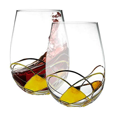 Bezrat Stemless Wine Glasses Set of Two | Hand Painted Large Premium Red and White Wine glasses | Lead-Free Crystal | Essential Wine Gift | 18 Ounces (Gold) - color: Gold, size: 18 Ounces
