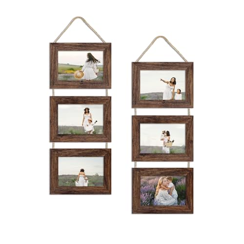 4x6 Collage Picture Frames Set of 2, Rustic Wooden Real Glass Horizontal Hanging 3 Opening 4 by 6 Photo Frame, Brown - color: Brown, size: Horizontal-4x6 in