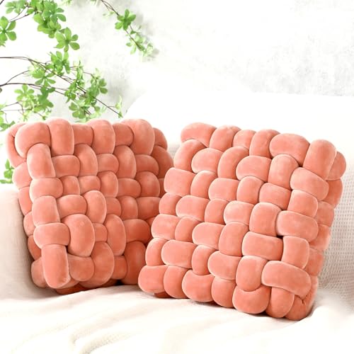 Wenqik 2 Pcs Knot Pillows Square Knotted Plush Throws Soft Accent Pillows Decoration Cushion for Couch Home Office Living Room Bedroom Bed Sofa Decor, 12'' x 13''(Coral Red,Crystal Velvet) - color: Coral Red