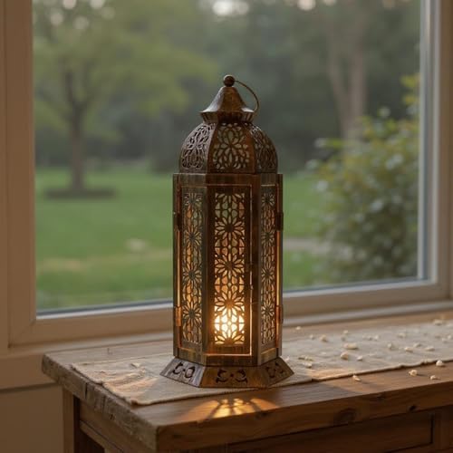 Decorative Metal Lantern Candlestick, Vintage-Style Openwork Lantern, Indoor and Outdoor Tabletop Lantern, Suitable for Home Decoration, Patio, and Ambient Lighting (Large) - size: Large