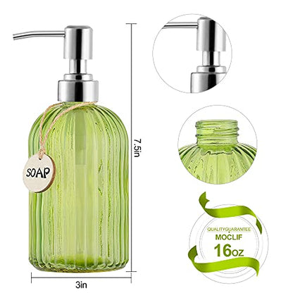 MOCLIF 16 OZ Soap Dispenser，Tempered Glass Clear Vertical Stripe with 304 Rust Proof Stainless Steel Pump Refillable Liquid Hand Soap Dispenser，for Bathroom, Kitchen, Dish Soap，Lotion (Green) - color: Green