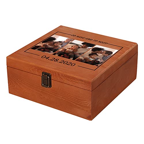 Personalized Memory Box with Photo & Text Custom Wooden Keepsake Box with Lids Wood Storage Box Customized Picture, Gifts for Wedding Anniversary Birthday Graduation Memorial Day - color: Custom 3 photos, size: 9" x 9" x 3.9" (L x W x H)