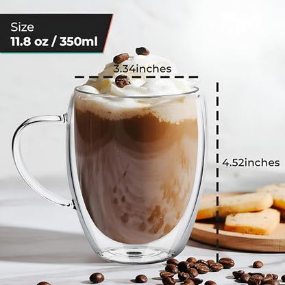 12 Oz Double Wall Borosilicate Insulated Glass Coffee Mug Set of 4, 350ml Coffee Cups with Handle for Cappuccino, Tea, Latte - Perfect Cappuccino Cup Gift - color: 4 pcs 12 oz