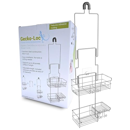 Gecko-Loc Extra-Long Adjustable Over-the-Showerhead Shower Caddy – Rustproof Stainless Steel Organizer with Suction Stabilizer, Deep Basket & Hooks – No-Drill, Tool-Free Installation (Silver) - color: Chrome