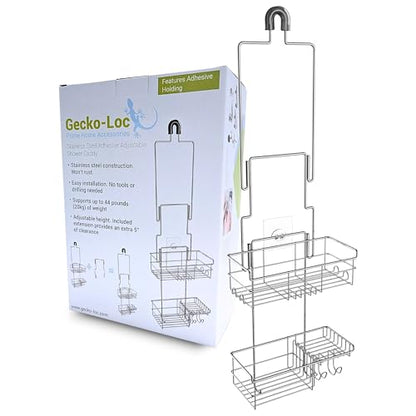 Gecko-Loc Extra-Long Adjustable Over-the-Showerhead Shower Caddy – Rustproof Stainless Steel Organizer with Suction Stabilizer, Deep Basket & Hooks – No-Drill, Tool-Free Installation (Silver) - color: Chrome