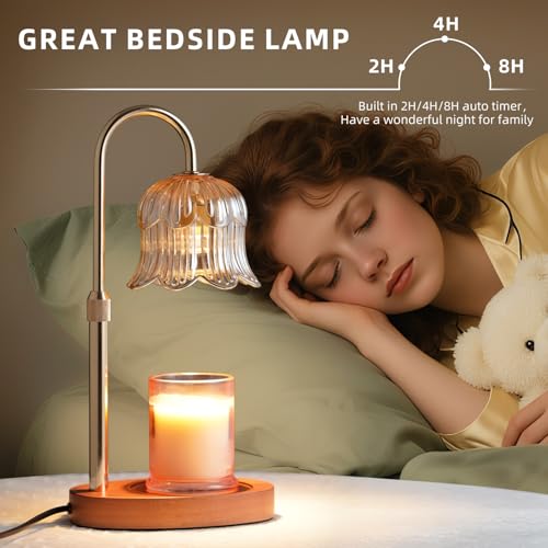 CRMILL Candle Warmer Lamp with Timer: Adjustable Dimmable Height Adjustable Warming - Flower Shape Wax Lamp Jar Candles No Flame Modern Home Decor Table Lights - Home Living Bedroom - color: Amber-electroplatedgoldplating
