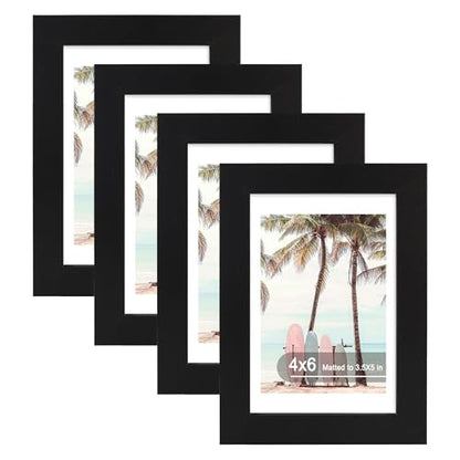 Hongkee 4x6 Picture Frame (4 Pack, Black), Made of Real Glass and Wooden Frame - Display Pictures 3.5x5 with Mat or 4x6 Without Mat, 4 by 6 Photo Frames TableTop Display and Wall Mounting - color: Black, size: 4x6 in
