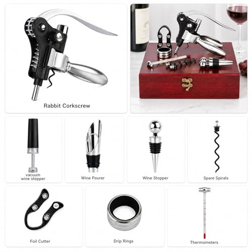 Wine Bottle Opener Set, 9-Pieces Stainless Steel Manual Corkscrew Kit with Classic Wooden Box, Wine Opener Set with Cutter, Spiral Stopper, Pourer for Home, Bar, Party, Birthday & Wedding Gift