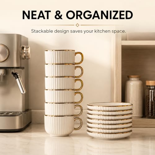 Espresso Cups with Saucers, Set of 6, Stackable Demitasse Coffee Cups with Gold Trim, Lead-Free Ceramic Cappuccino Mugs for Coffee Bar, Latte, Mocha, Tea - Modern Home Cafe (3, Fluid Ounces)