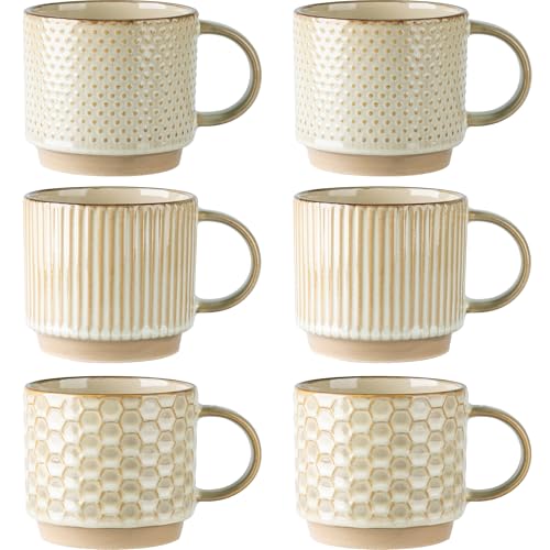 GBhome 12 OZ Stackable Coffee Mugs Set of 6, Ceramic Blue Coffee Cups Set | 3 Assorted Designs, Embossed Mugs with Texture Patterns for Tea/Coffee, Dishwasher&Microwave Safe, Pale Khaki - color: Pale Khaki, size: 12 Ounce(6PCS)