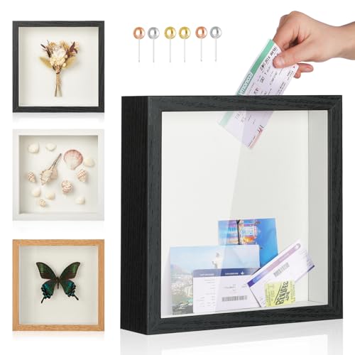 Travel Adventure Archive Shadow Box Frame with Slot, 8x8in Black | Perfect Travel Gift for Women, Men, and Couples. Travel Keepsake Box to Preserve Tickets, Photos, and Memories From Adventure - color: Black, size: 8x8in